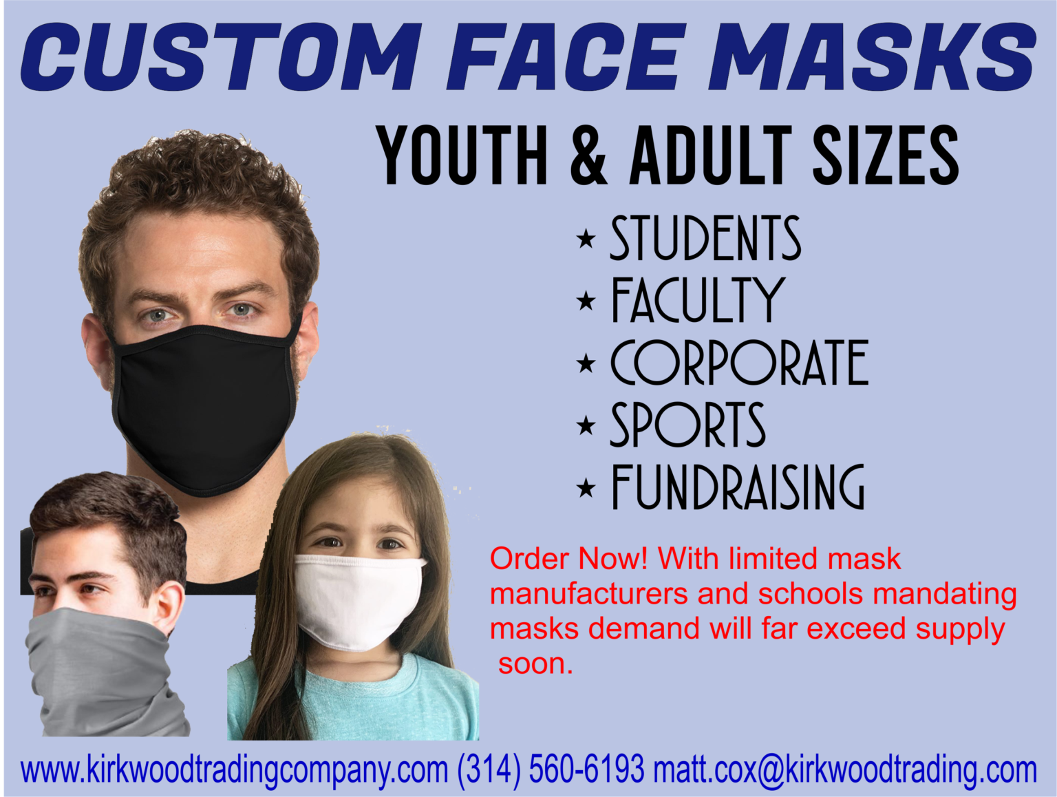 Custom face masks for schools Kirkwood Trading Company
