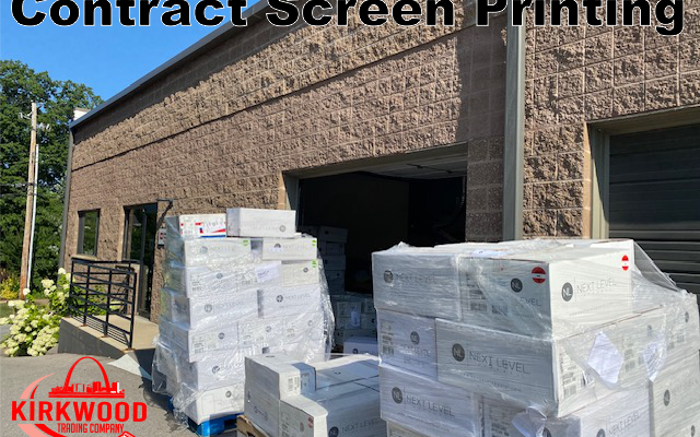 pallets of Next Level t-shirts for a contract screen print order.